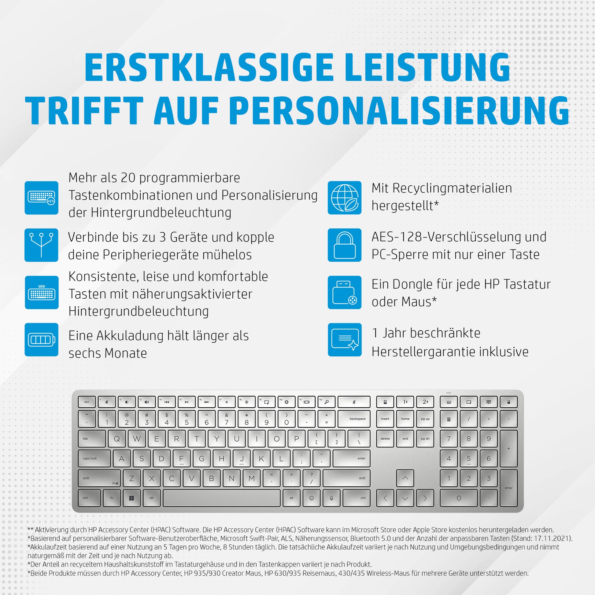 HP 970 – Tastatur – Bluetooth – Programmierbar, Multi-Device – USB-C-Ladeport – für PCs mit USB-A-Anschluss