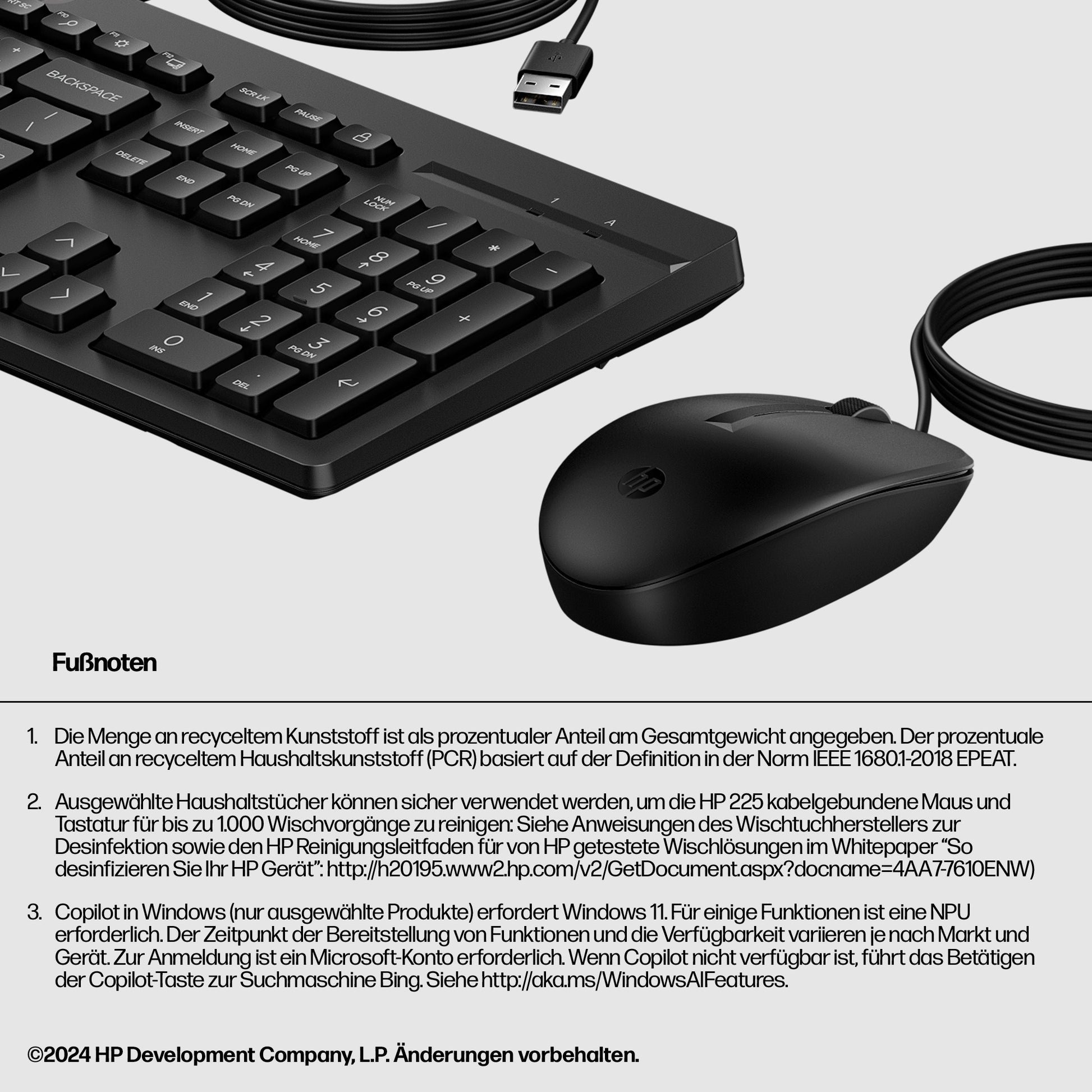 HP 225 Wired MSE & KB G2 – Tastatur- und Maus-Set – USB (kabelgebunden), Full-Size, Schwarz