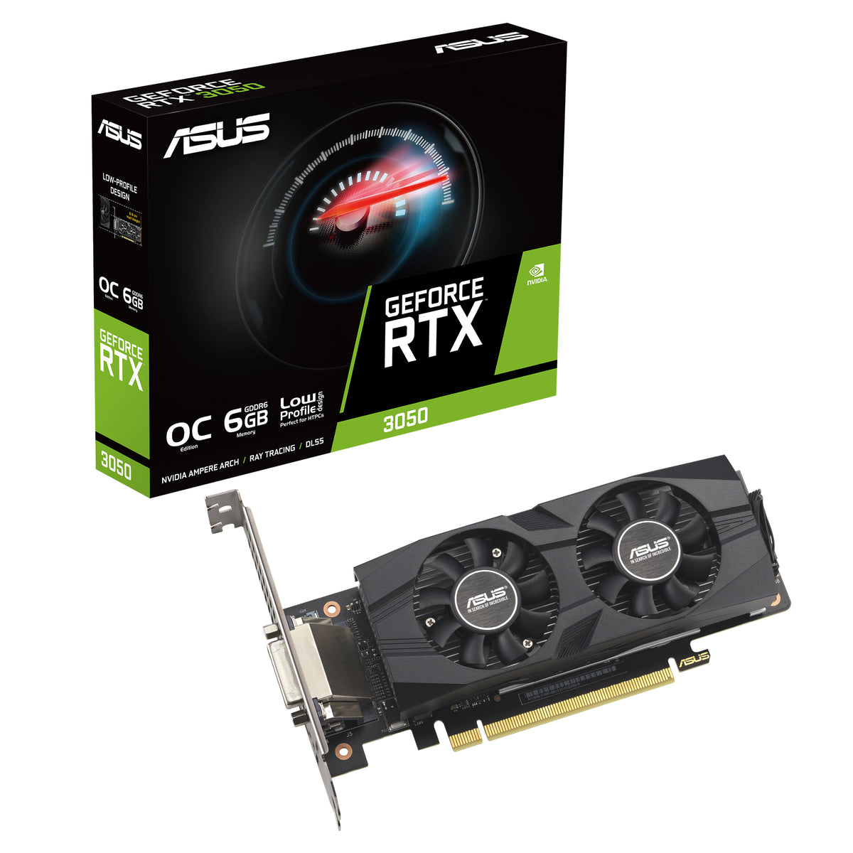 ASUS RTX3050-O6G-LP-BRK – PCIe Grafikkarte – 6 GB GDDR6, 1×HDMI 2.1, 1×DisplayPort 1.4a, 1×DVI-D, PCIe 4.0