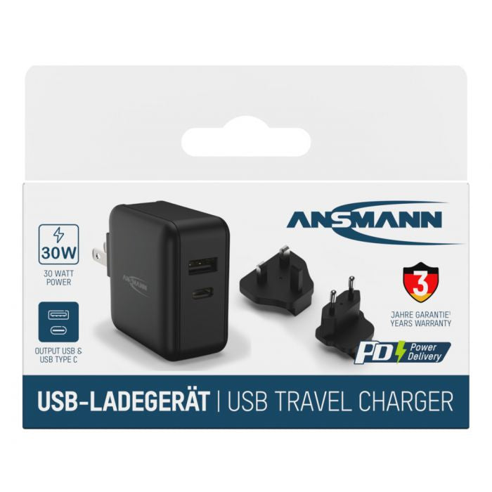 Ansmann Travel Charger TC230PD USB-Wandladegerät 30 W – USB-C×1, USB-A×1 – Schwarz