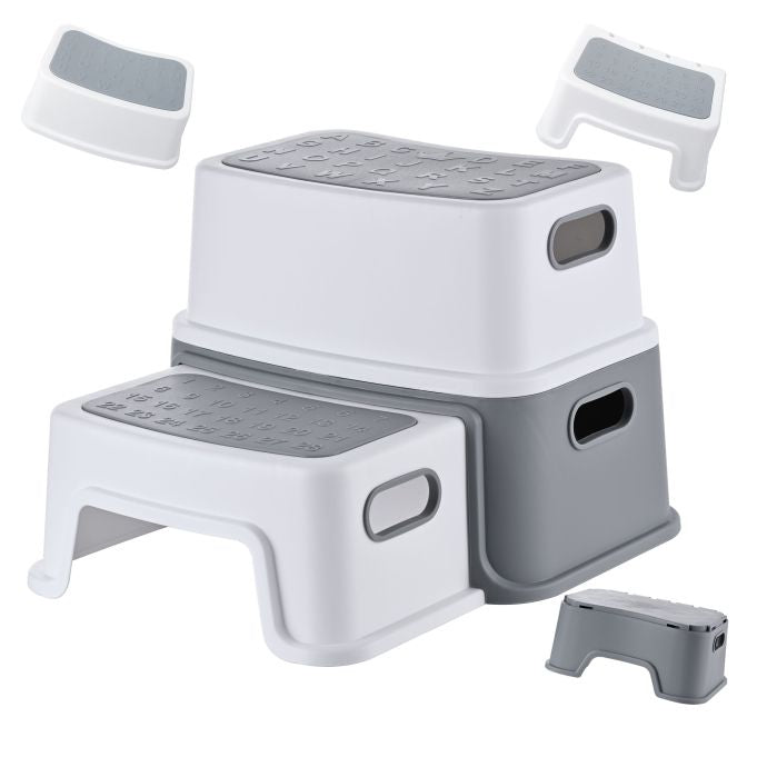Relaxdays Tritthocker für Kinder 2 Stufen – Kunststoff (PP/TPE) – Grau/Weiss – 330 × 255 × 385 mm – 75 kg