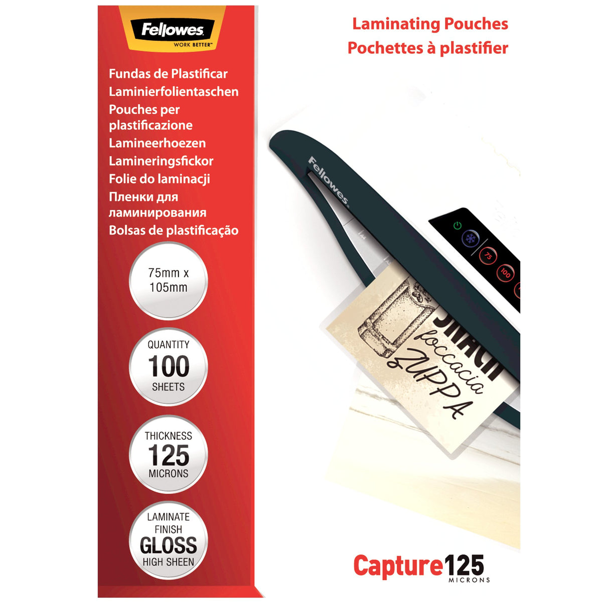 Fellowes Laminierfolien 75 × 105 mm, glänzend – 250 µm, 100 Stk.