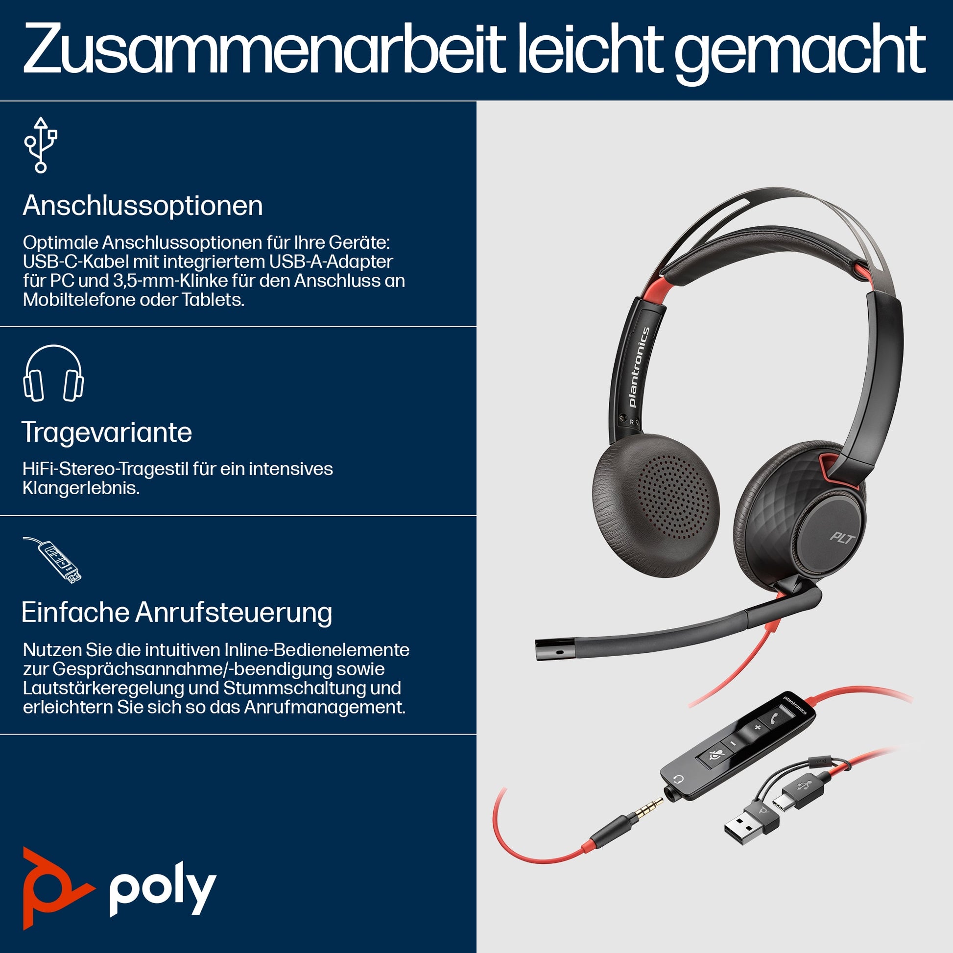 Poly Blackwire 5220 – Duo Headset, On-Ear – USB-C, 3,5 mm – Boom-Mikrofon – Optimiert für Skype for Business