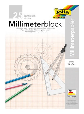 Folia Millimeterpapier-Block A3 – Rotes Netz, einseitig, 80 g/m², 25 Blatt