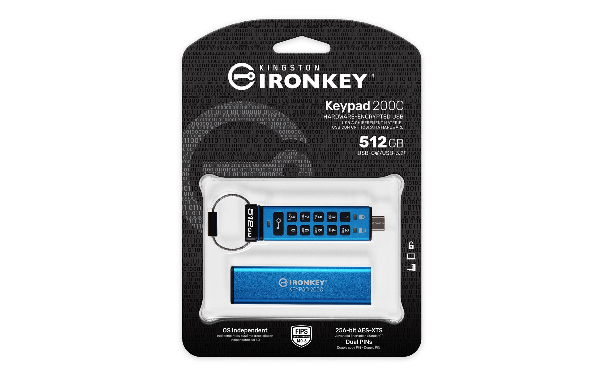 Kingston Technology Kingston IronKey Keypad 200C USB-Stick – 512 GB, USB-C, FIPS 140-3 Level 3 (ausstehend); AES-256