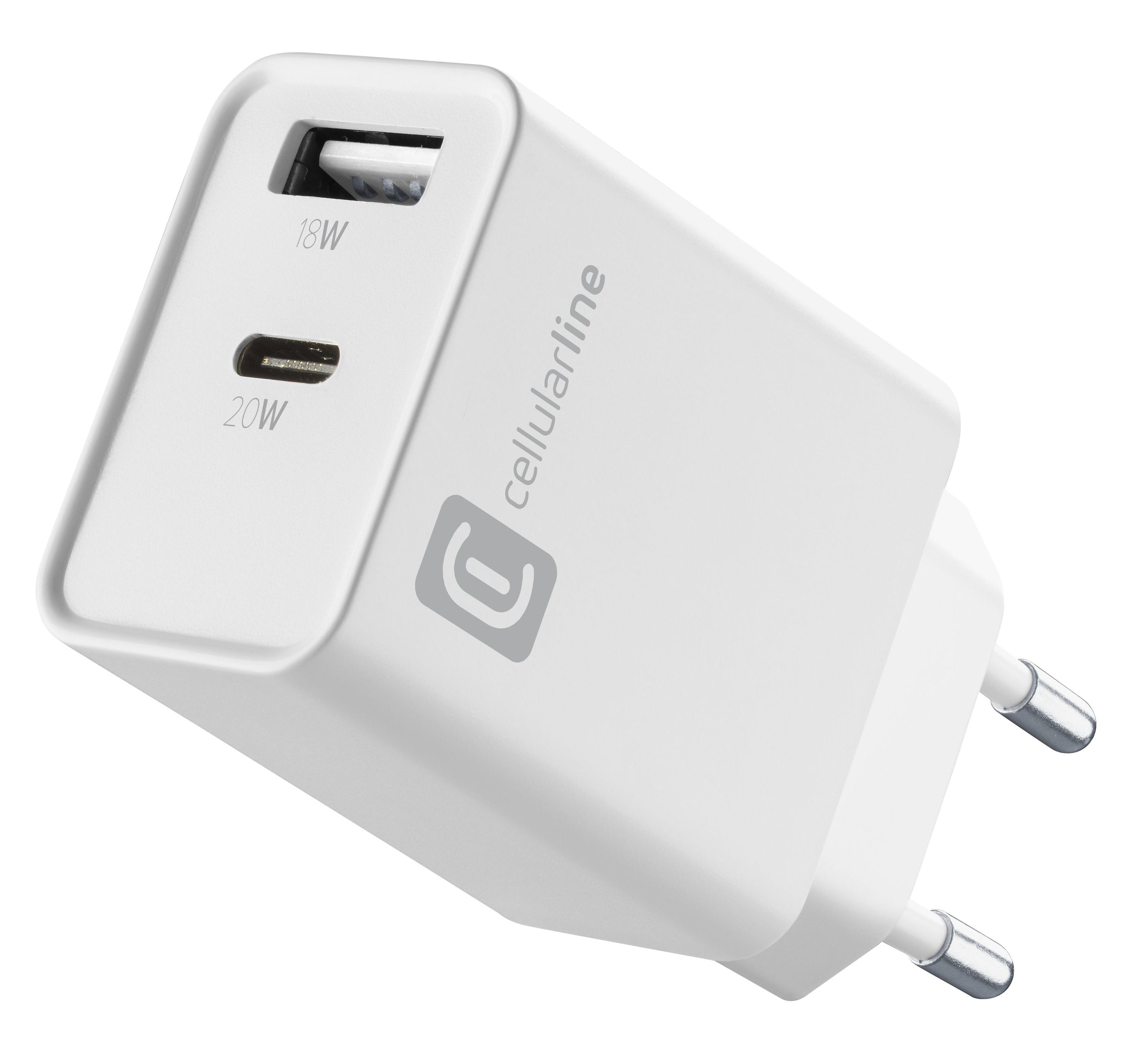 Cellularline USB-Ladegerät 20 W – USB-C×1, USB-A×1 – PD – EU-Stecker (Typ C) – Weiss