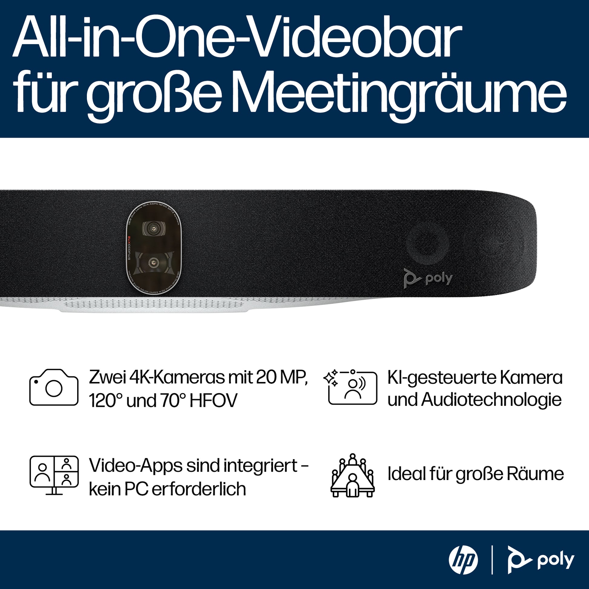 Poly Studio X72 – 4K Ultra HD Videokonferenzsystem, 7,3× Digitalzoom, Schwarz