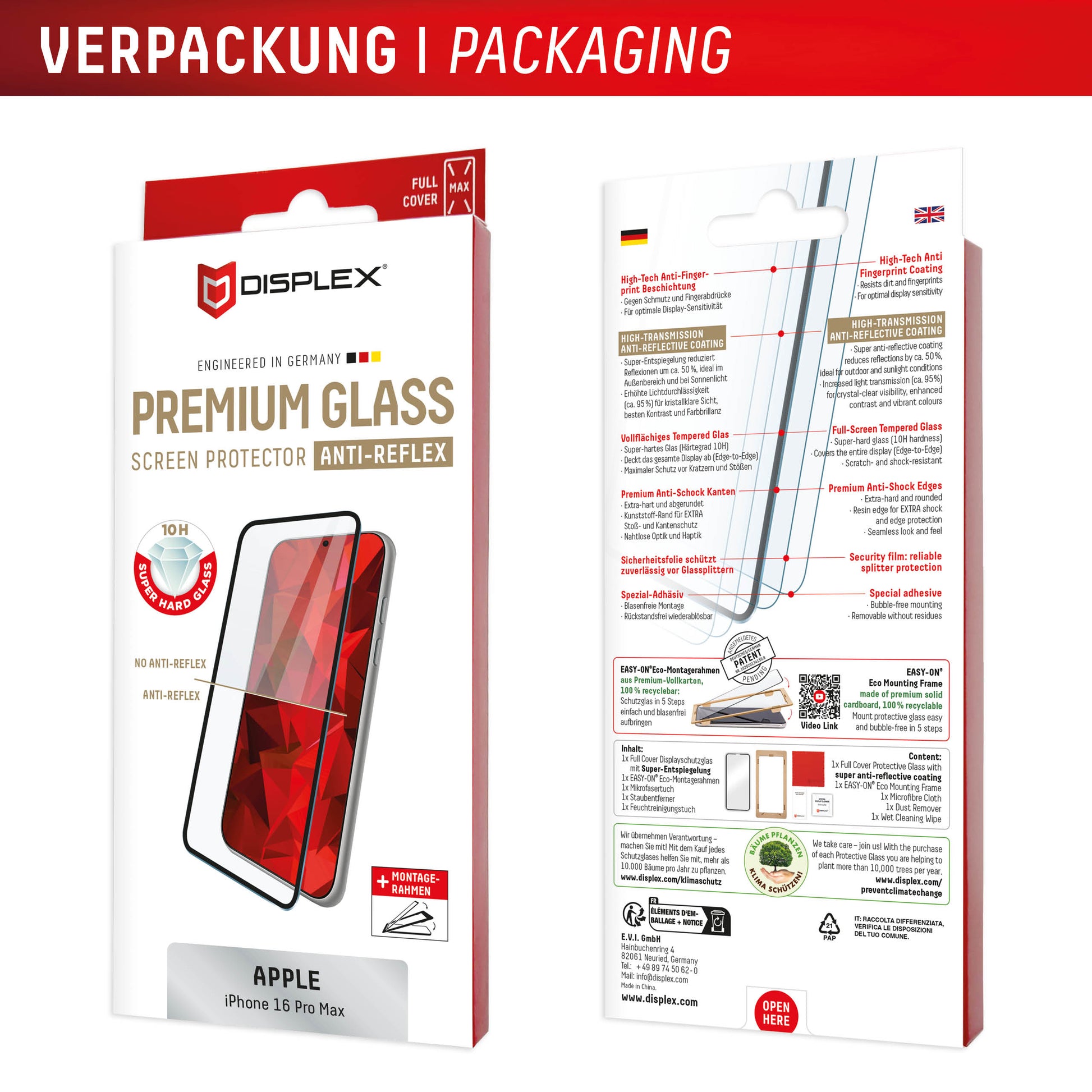 Displex Displayschutz (Panzerglas), Full Cover – für iPhone 16 Pro Max – mit Applikator