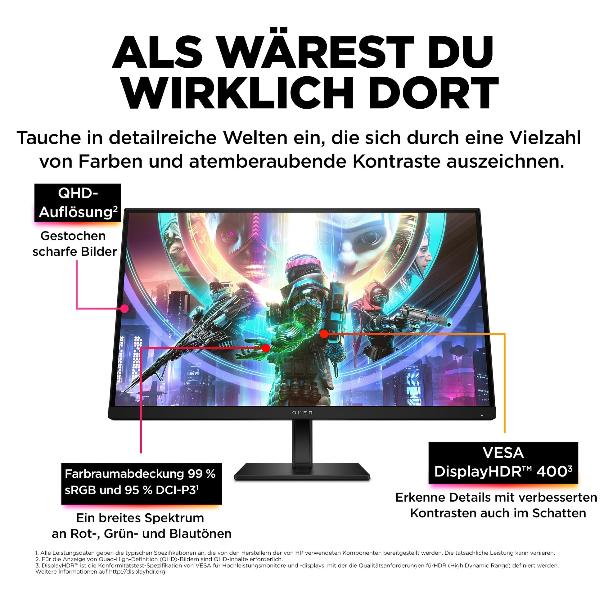 HP OMEN 27qs – Monitor, 27", 2560 × 1440 (WQHD), IPS, 240 Hz, 400 cd/m², Lautsprecher, Schwarz