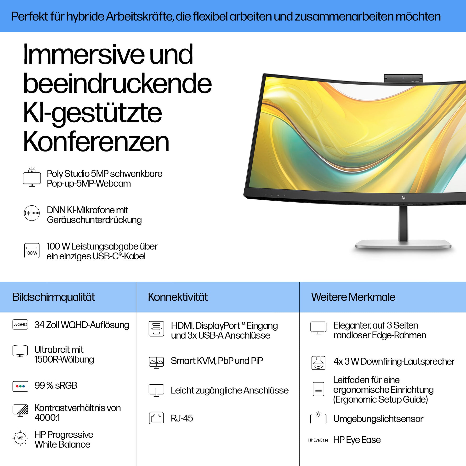 HP S5 Pro 534PM – Monitor, WQHD (2560 × 1440), Gebogen, USB-C, Docking-Display