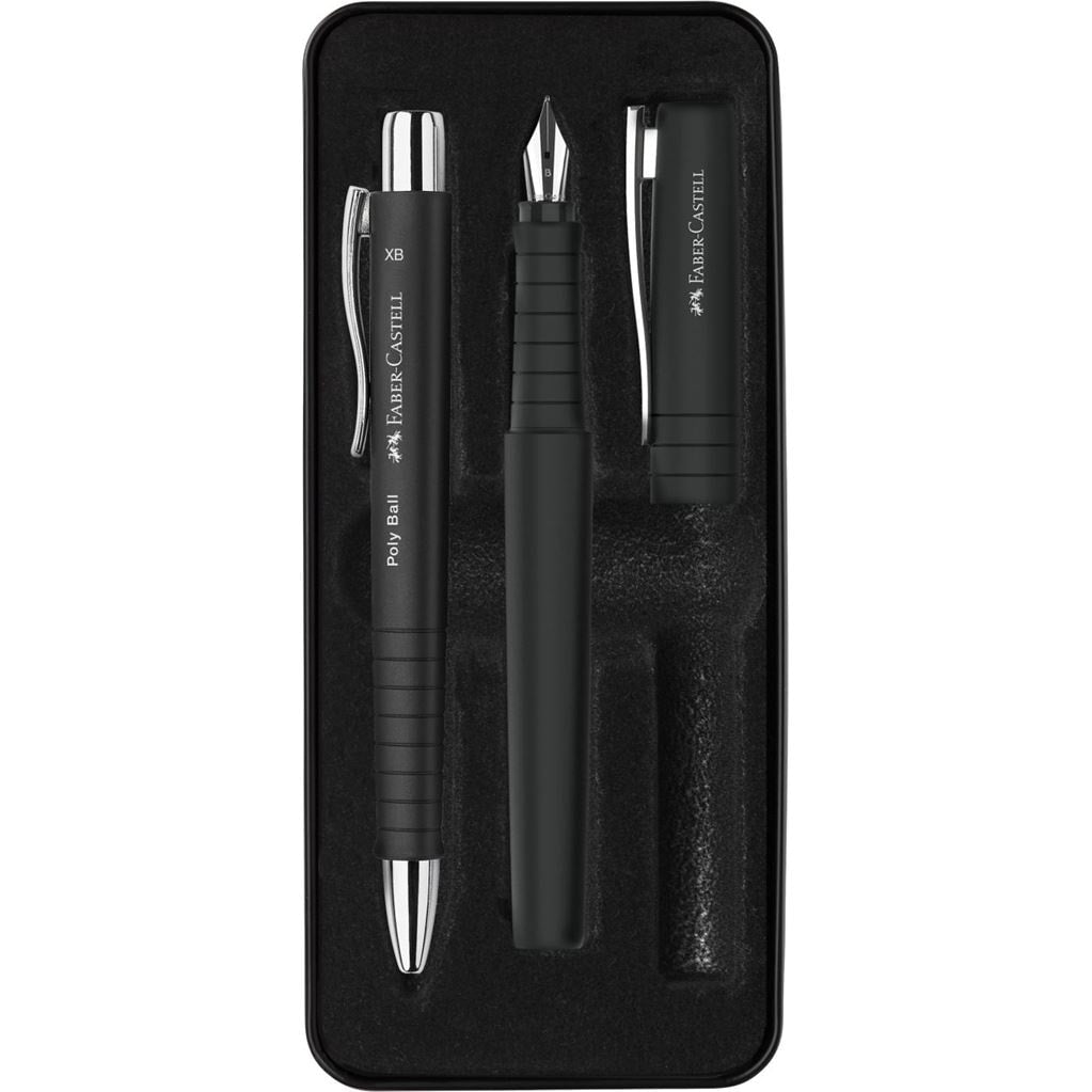 Faber-Castell Poly Ball/Poly Pen Schreibset – Kugelschreiber + Füllhalter – Blau, Schwarz, Geschenkbox