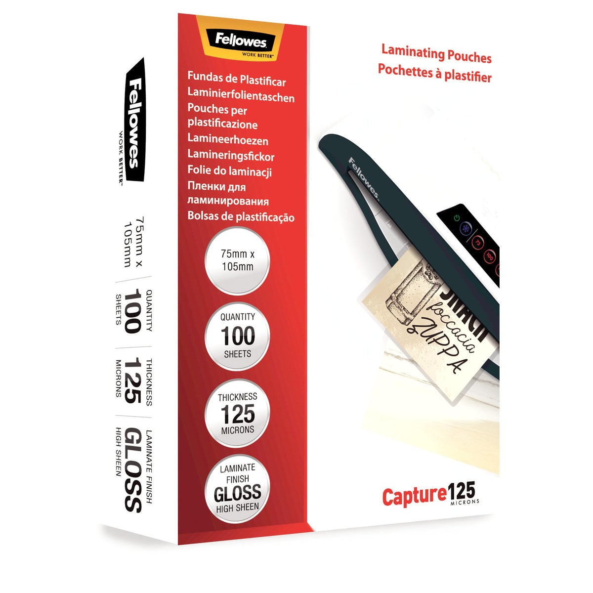 Fellowes Laminierfolien 75 × 105 mm, glänzend – 250 µm, 100 Stk.