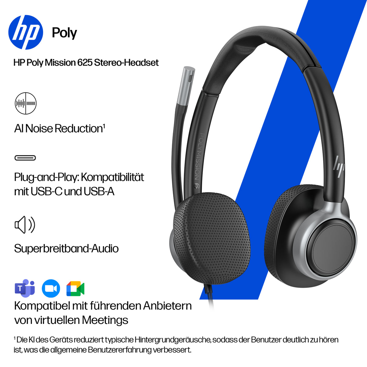 HP Poly Mission 625 Office-Headset – On-Ear, Stereo, USB-C, Schwarz