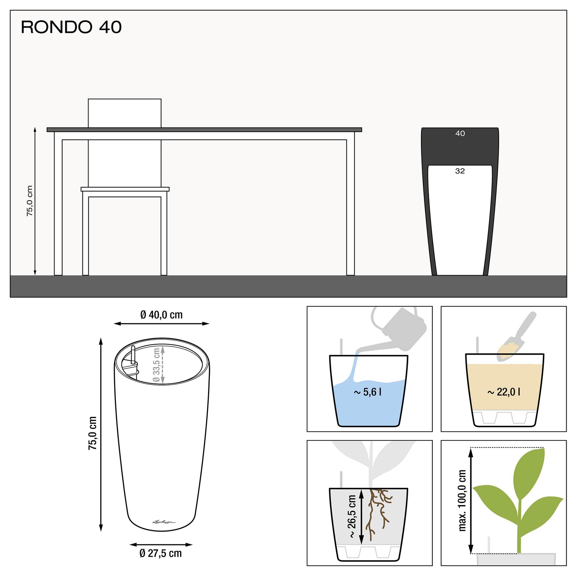 LECHUZA RONDO Premium 40 Pflanzgefäss – Ø 40 × 75 cm, 22 l, mit automatischer Bewässerung – Kunststoff, Grau