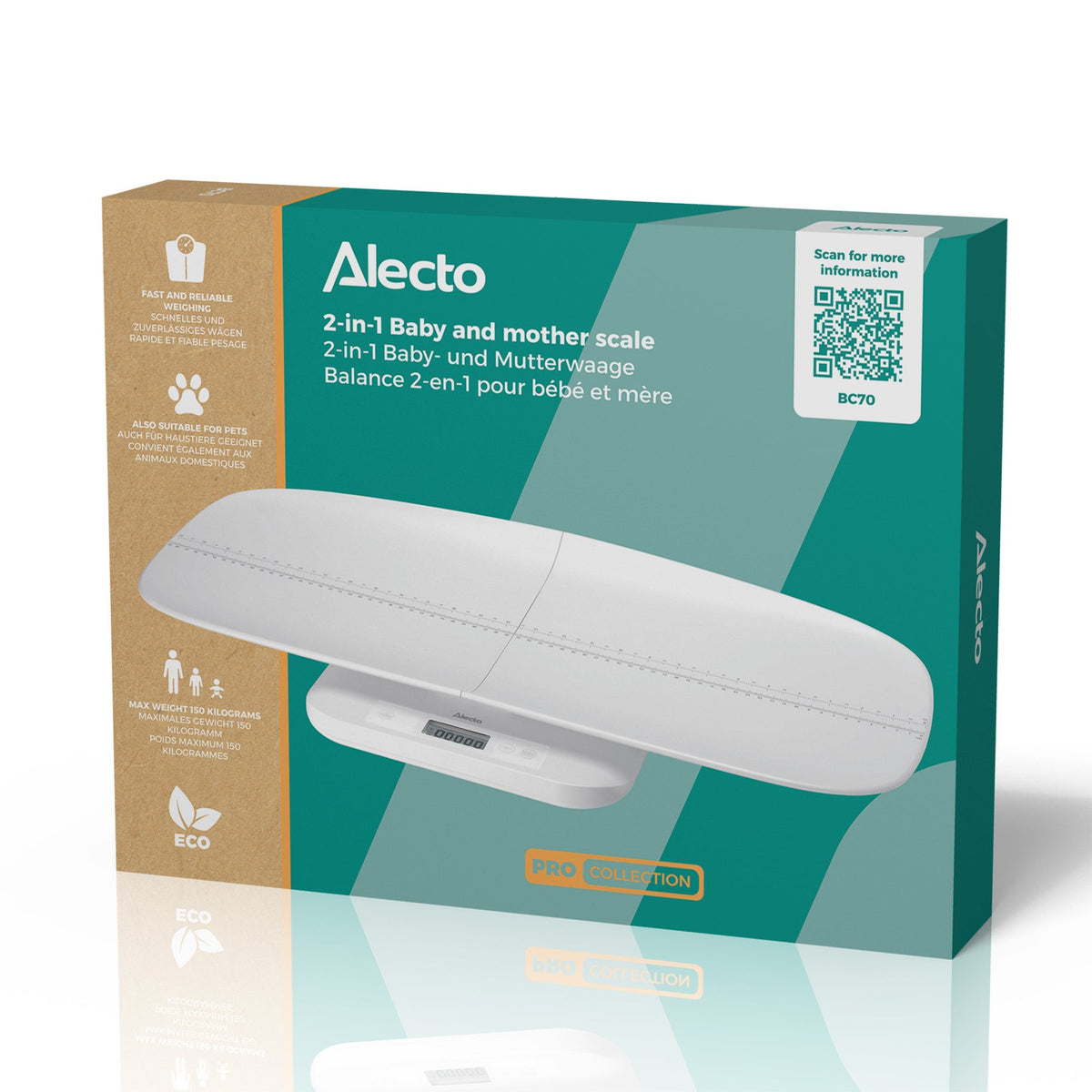 Alecto Paketwaage BC70 – Tragkraft 150 kg, Teilung 5 g, Wiegefläche 70 × 30 cm, Batterie, Kunststoff, Weiss