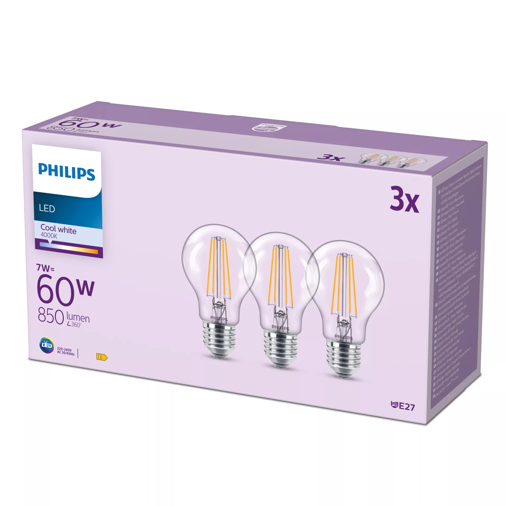 Philips by Signify Philips LED-Leuchtmittel E27 A-Form – Neutralweiss 4000 K, 850 lm, 7 W – IP20 – Transparent