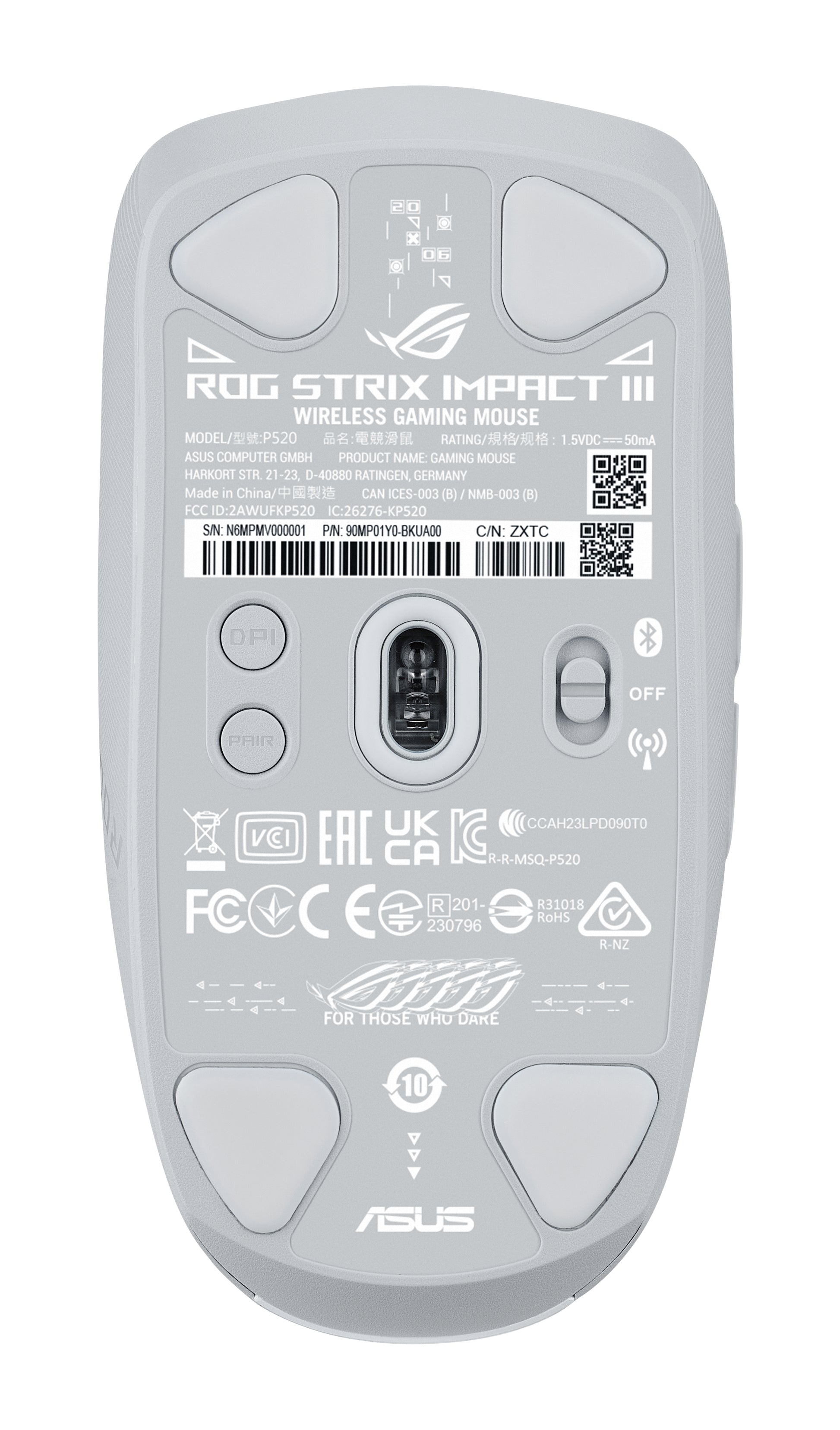 ASUS ROG Strix Impact III Wireless Gaming-Maus – kabellos, Bluetooth + 2,4 GHz, 36'000 dpi, beidhändig, weiss