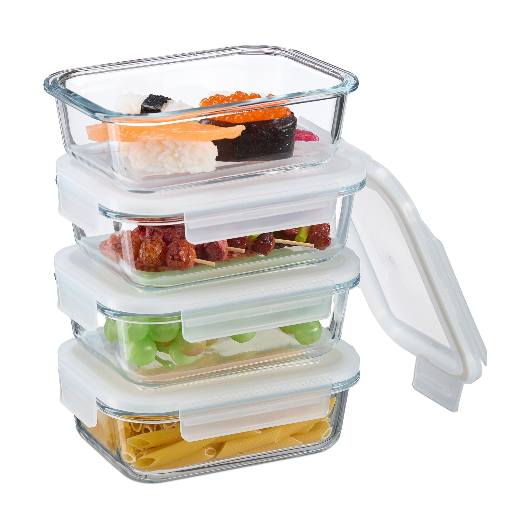 Relaxdays Vorratsdose 640 ml, 18 × 13,5 × 6 cm, Glas/Polypropylen (PP)/Silikon, Transparent/Weiss