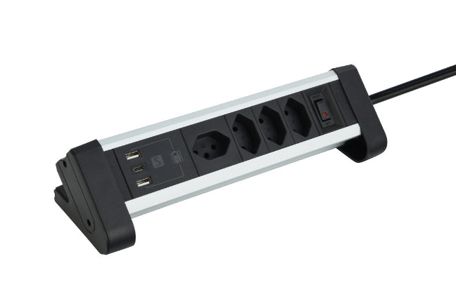 M. Schönenberger 85.860.4AL Tischsteckdosenleiste, 4×T13, 1×USB-A + 1×USB-C, mit Schalter – Silber/Schwarz