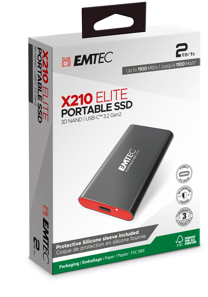 Emtec ELITE X210 Externes SSD-Laufwerk – 2 TB, USB 3.2, für Windows 10 und 11, Mac OS X 10.4+, Linux 2.6x+