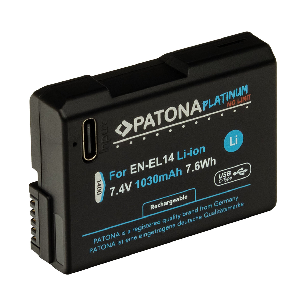 PATONA Platinum Akku – 1030 mAh, 7,4 V, Li-Ion, mit USB-C – für Nikon EN-EL14, D3100, D5100 und andere