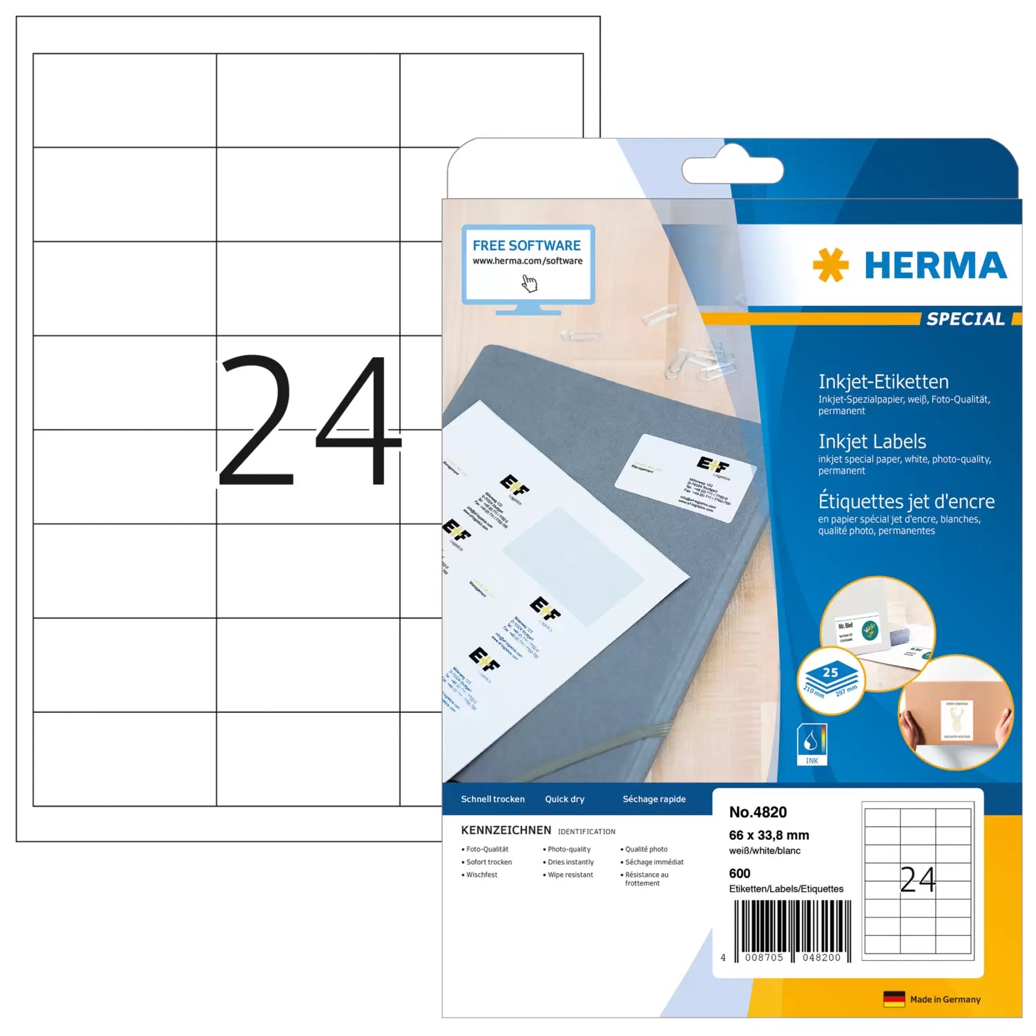 HERMA Druckeretiketten, 66 mm × 34 mm, weiss, Papier, permanent, 25 Blatt (600 Etiketten)