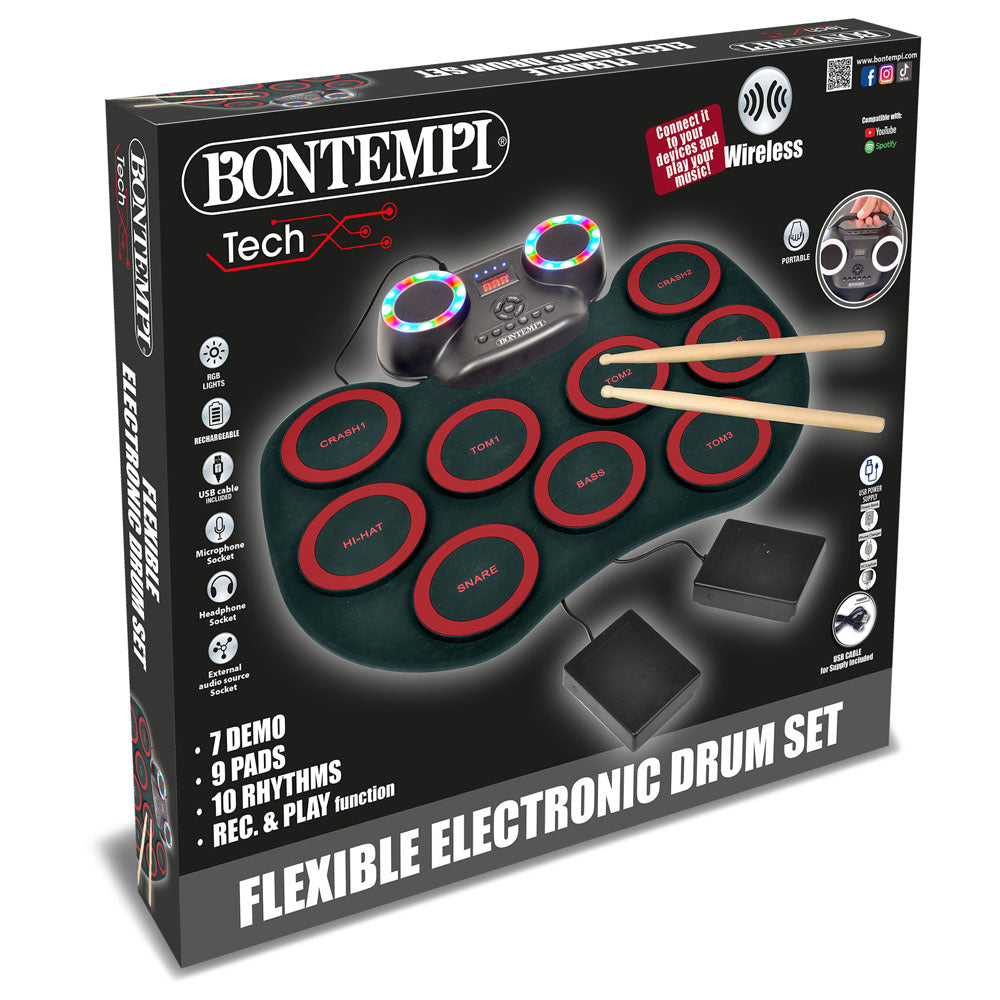 Bontempi Elektronisches Schlagzeug – 10 Melodien, 7 Lieder – 4,5 cm – ab 5 J. – Kunststoff, schwarz