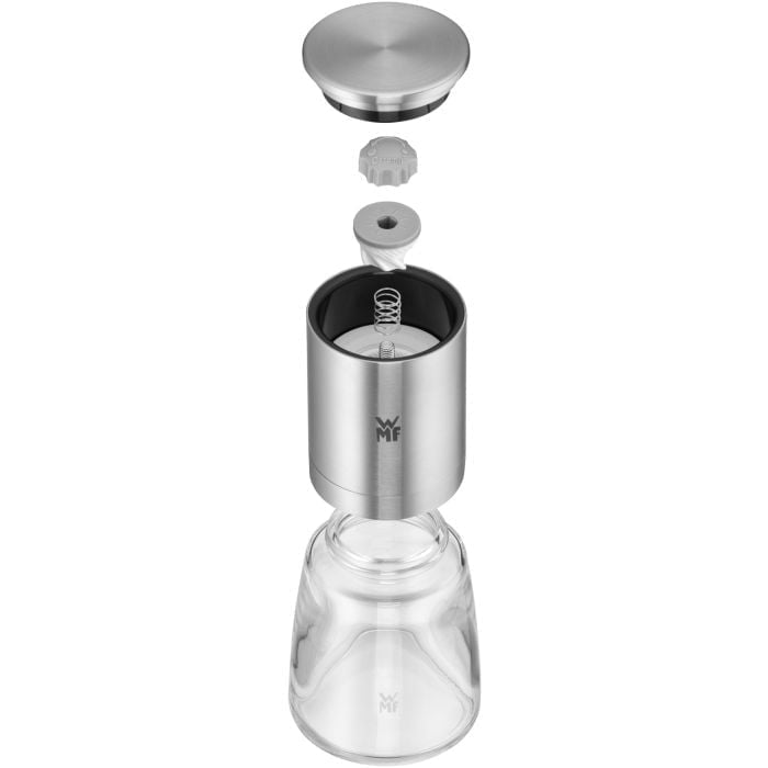 WMF Gewürzmühle De Luxe – einstellbarer Mahlgrad, Keramikmahlwerk – Edelstahl & Glas, Silber – 14 cm