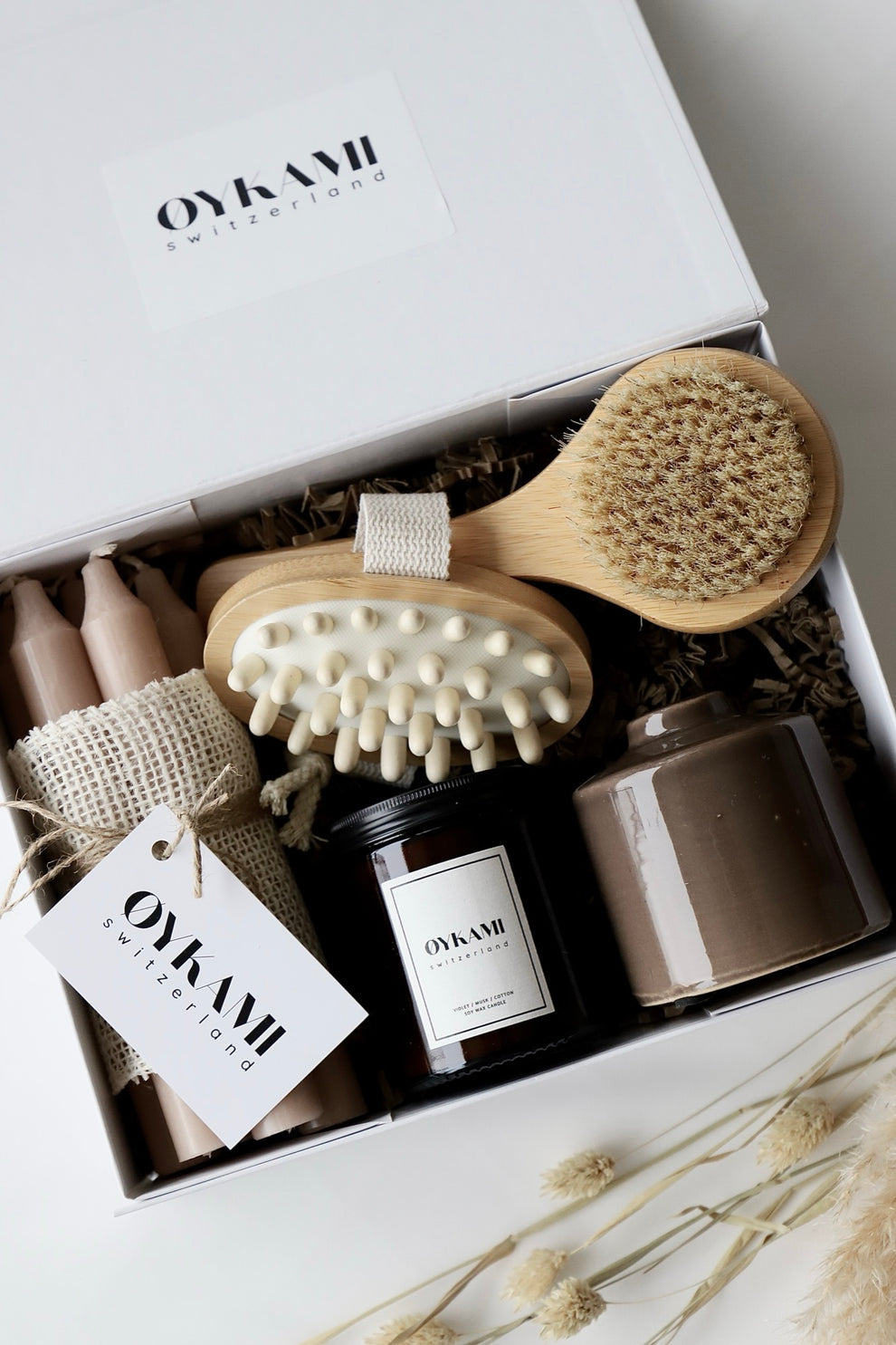 OYKAMI Geschenkbox – mit Kerzenhalter – Keramik, Holz, Rosa, Weiss, Beige – 6 Stk.