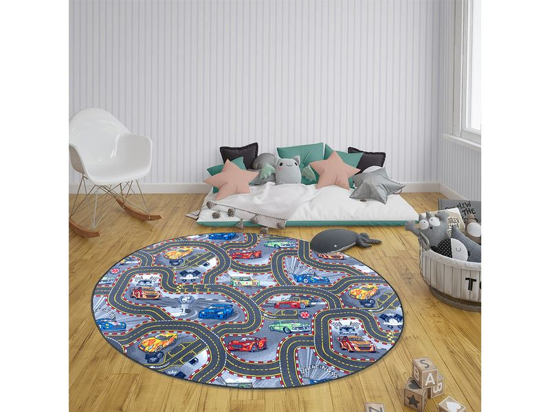 Hanse Home Race Track Kinderteppich – Ø 133 cm – Polypropylen & Baumwolle, Grau