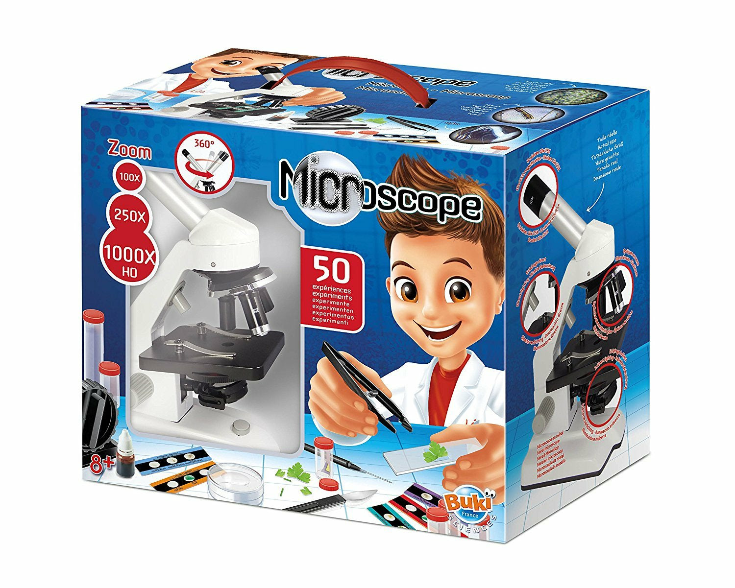 Buki Experimentier-Bausatz – MIKROSKOP 50 EXPERIMENTE, 100×, 250×, 1000×, batteriebetrieben, ab 8 Jahren