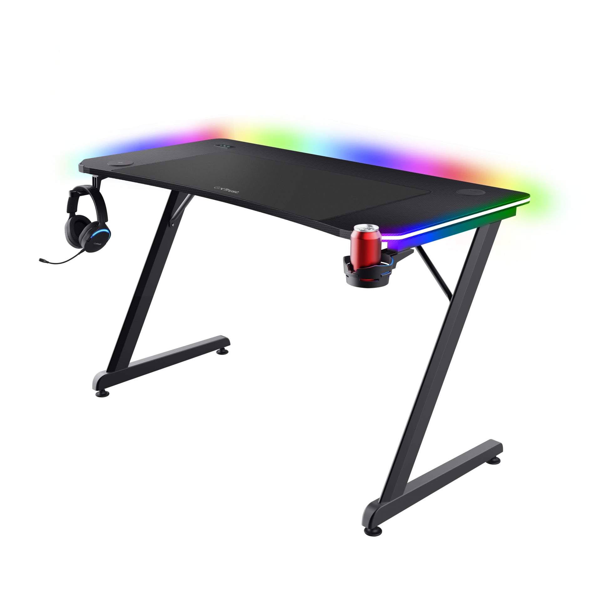 Trust GXT710 Luminus Pro – Rollbarer Computertisch, 1'200×600×740 mm, bis 150 kg, RGB-LED-Beleuchtung, Schwarz