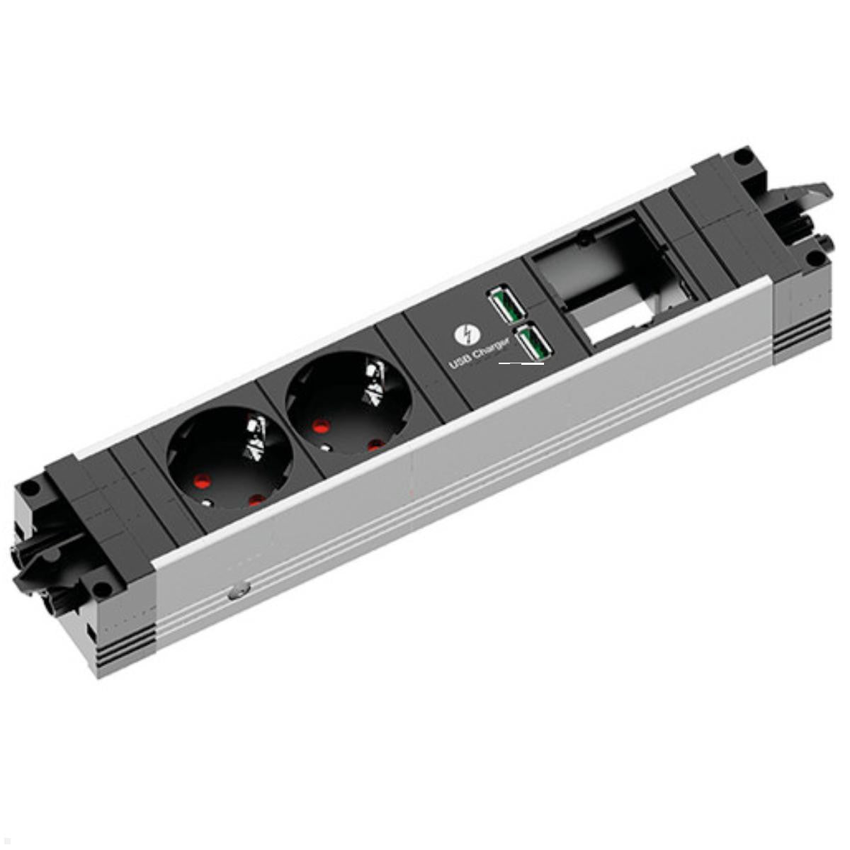 Bachmann STEP ALU Steckdoseneinheit – 2×Schuko (Typ E/F), USB‑A 15 W, Einbau