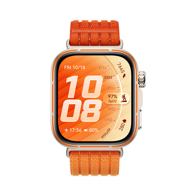 Huawei Watch Fit 5 Pro 44 mm GPS – Aluminium Gold, Sportband Orange, 50 m, für iPhone