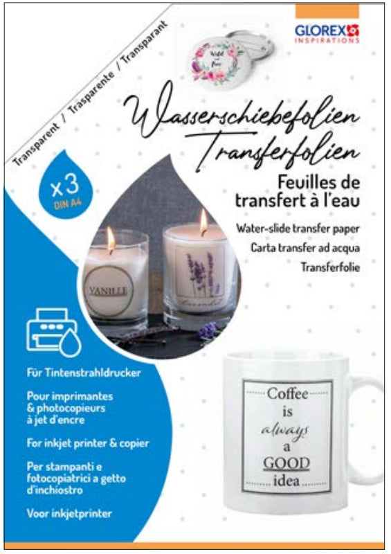 GLOREX Transferfolie (Dekor) – A4, Inkjet, für Glas, Metall, Holz, 3 Blatt