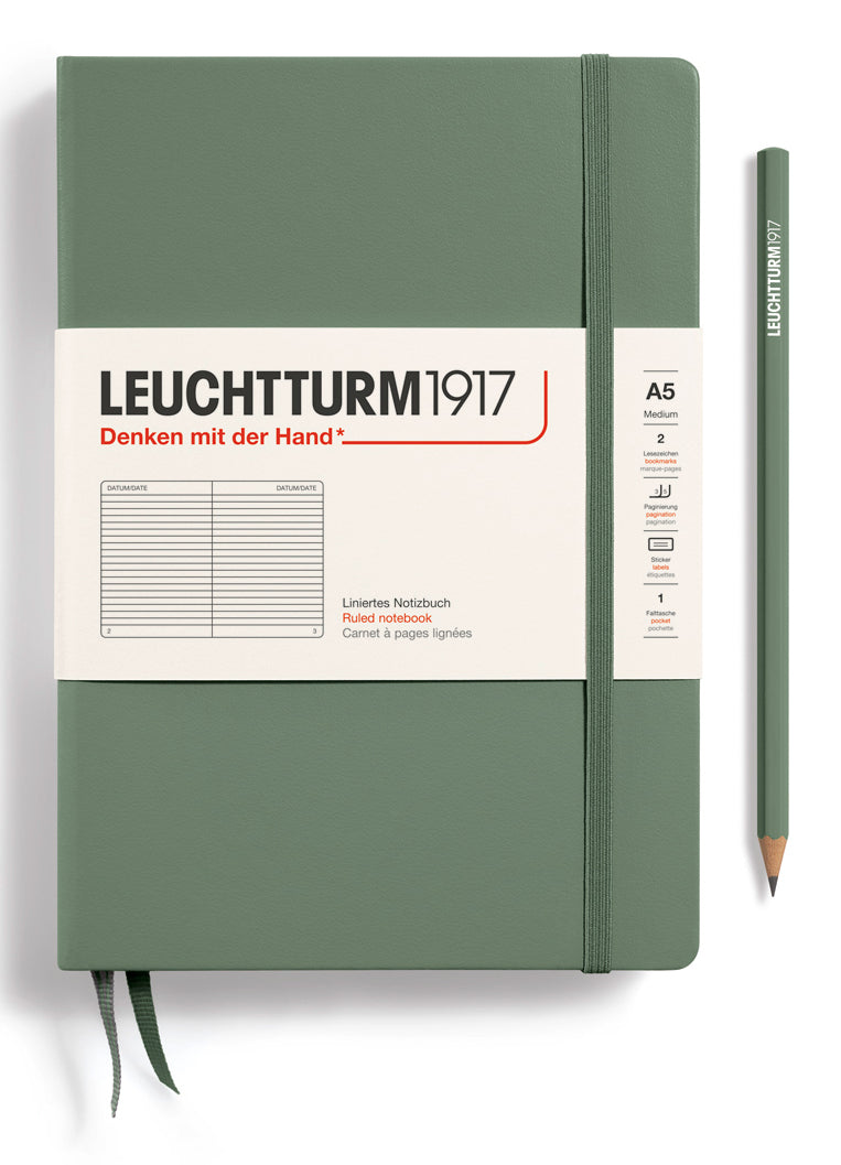 Leuchtturm Notizbuch – A5 – 251 Seiten – 80 g/m² – Hardcover, Gummiband, Einstecktasche – Olivgrün, FSC