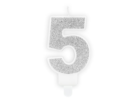 PartyDeco Geburtstagskerzen Zahl 5 – Silber – 5 × 7 cm – 1 Stk