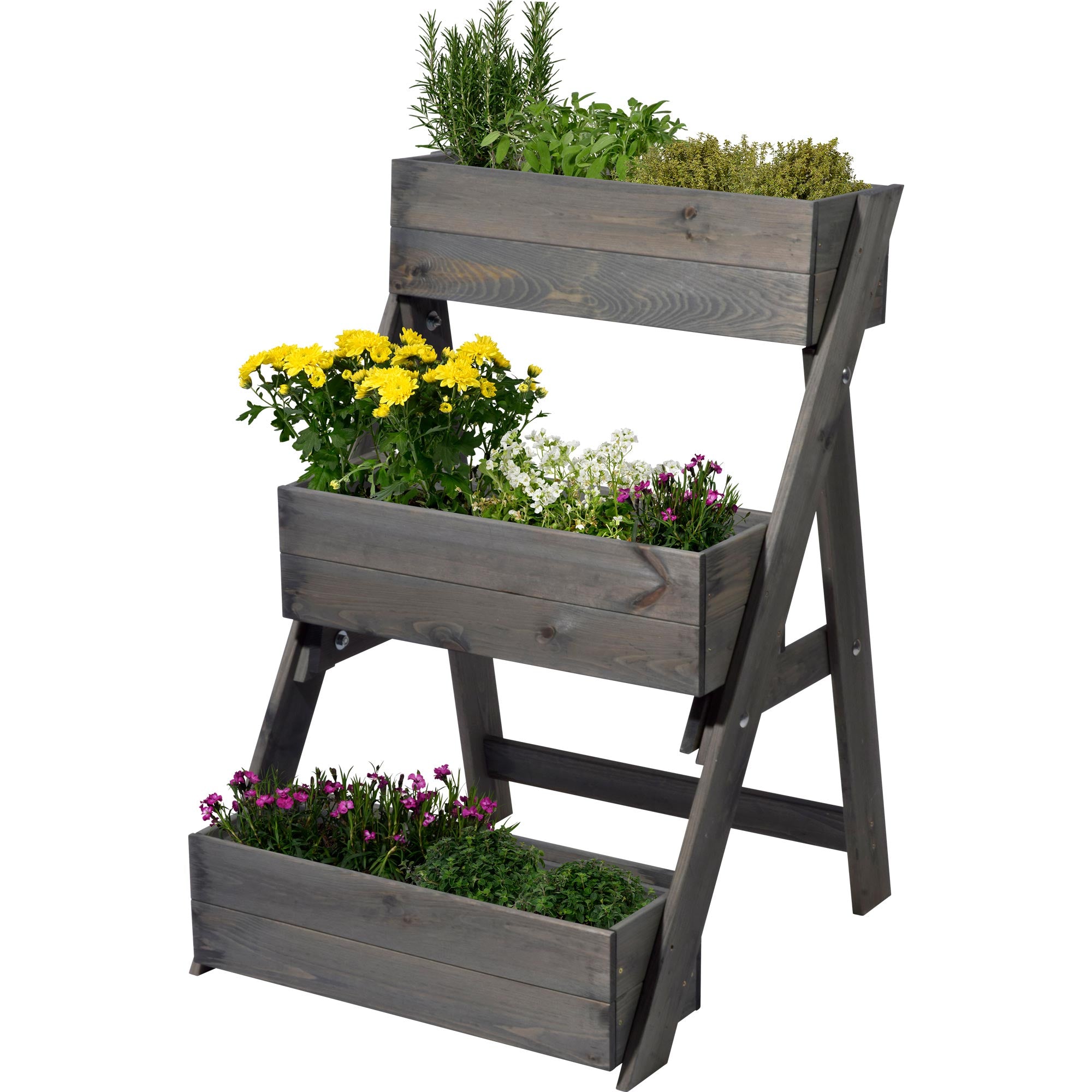 Dobar Hochbeet Pflanztreppe – 70 × 90 × 70 cm – Kiefernholz, Grau