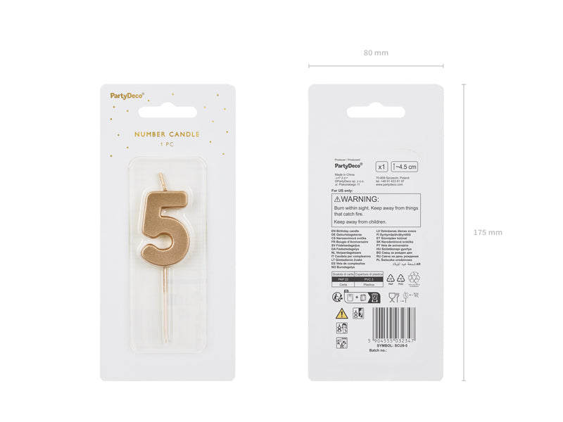 PartyDeco Geburtstagskerzen Zahl 5 – Gold – 4,5 cm – 1 Stk
