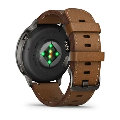 Garmin Venu 4 45 mm GPS – Edelstahl Schwarz, Braunes Lederarmband, 50 m, für iPhone