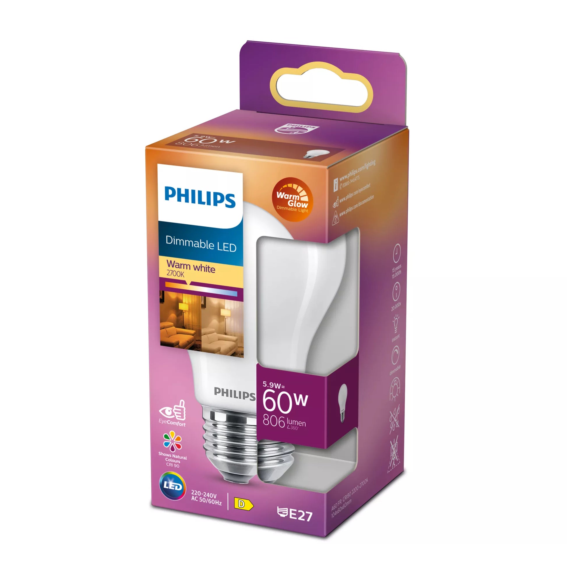 Philips by Signify Philips LED-Leuchtmittel E27 A-Form – Warmweiss 2200–2700 K, 806 lm, 5,9 W – 1 Stk. – Milchglas – LED classic