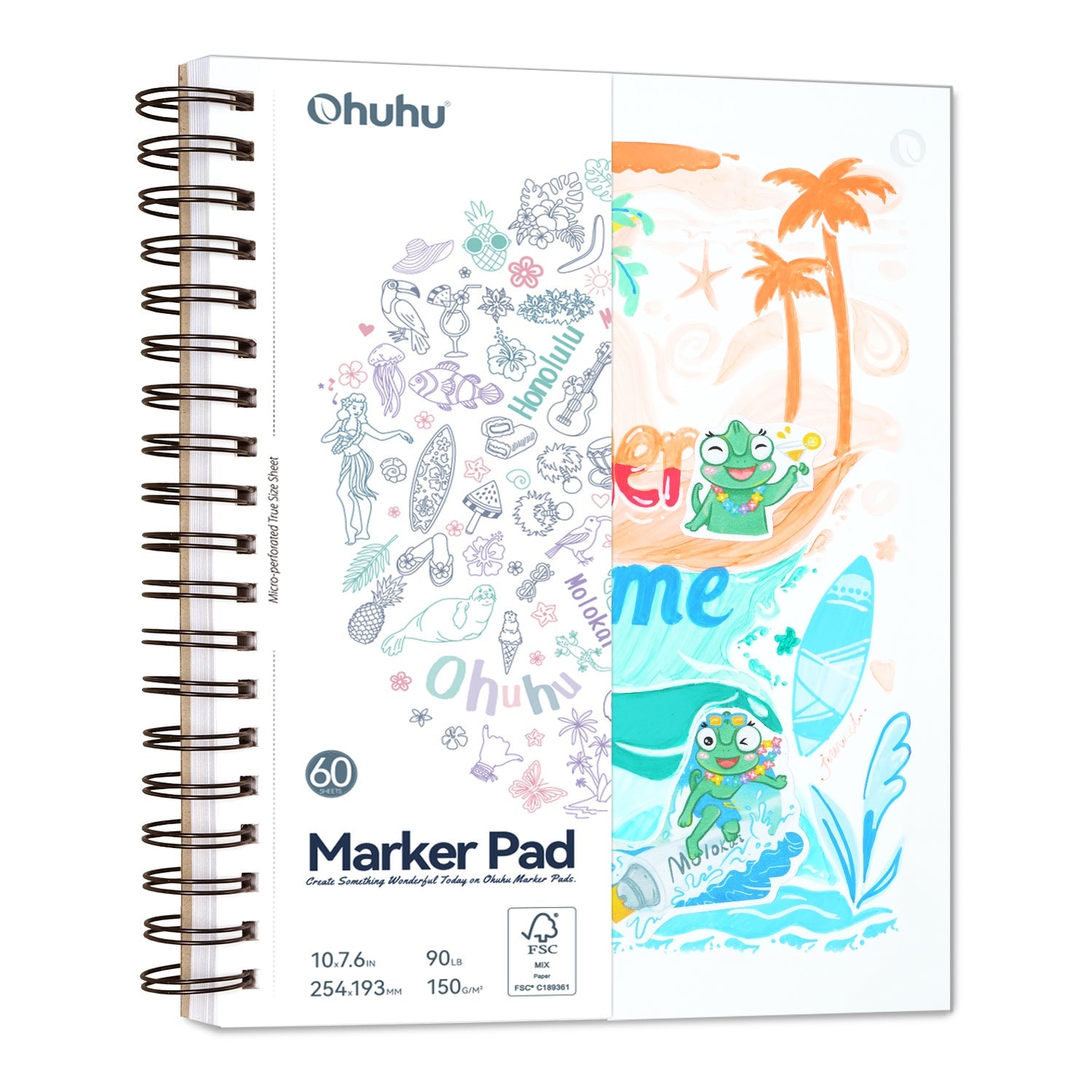 Ohuhu Malbuch – 25,4 × 19,3 cm quer – 150 g/m² – Spiral – 60 Blatt – Weiss