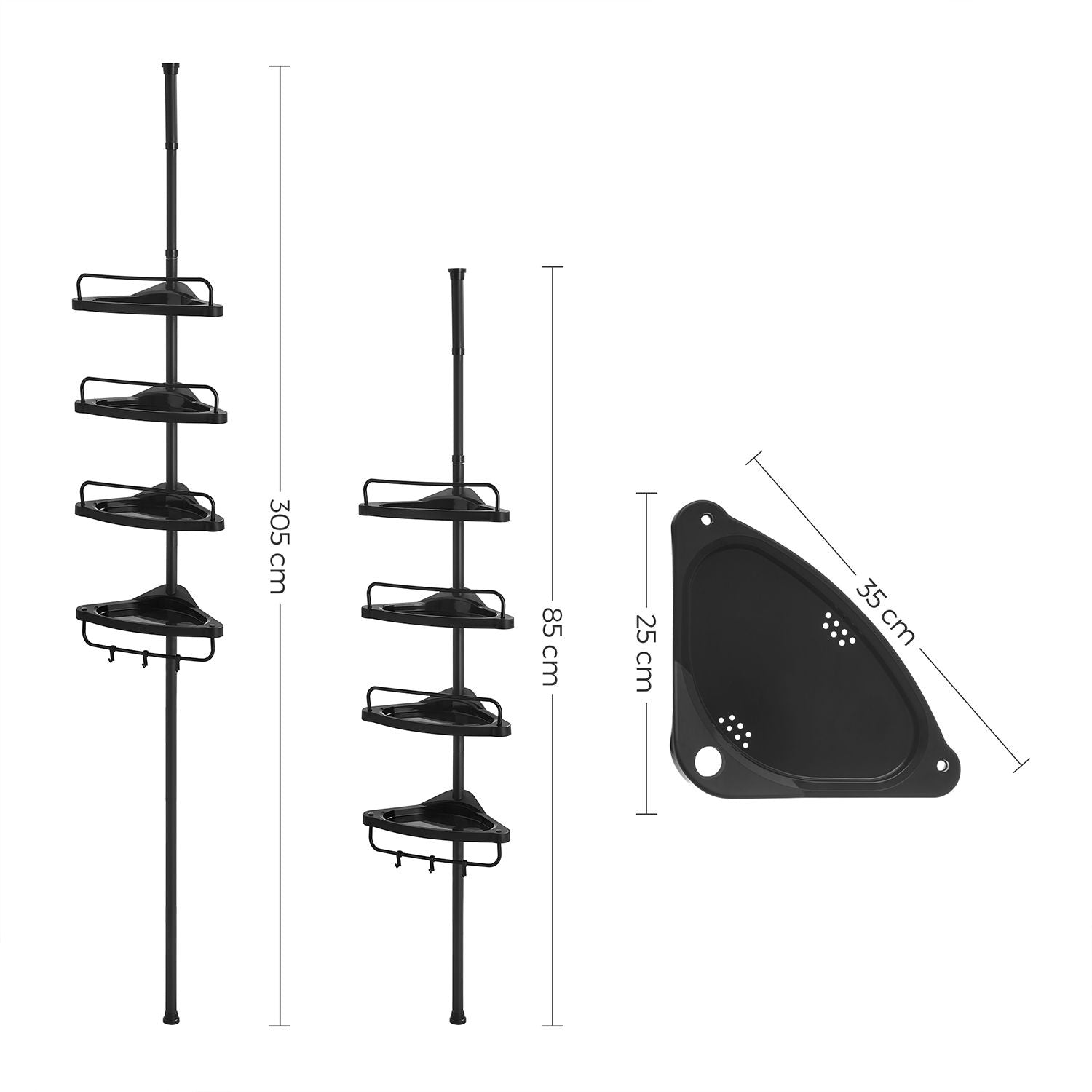 Songmics Duschregal – 85–305 cm, 4 Ablagen, Stahl/Kunststoff, 2 kg pro Ablage, Klemmen, Schwarz