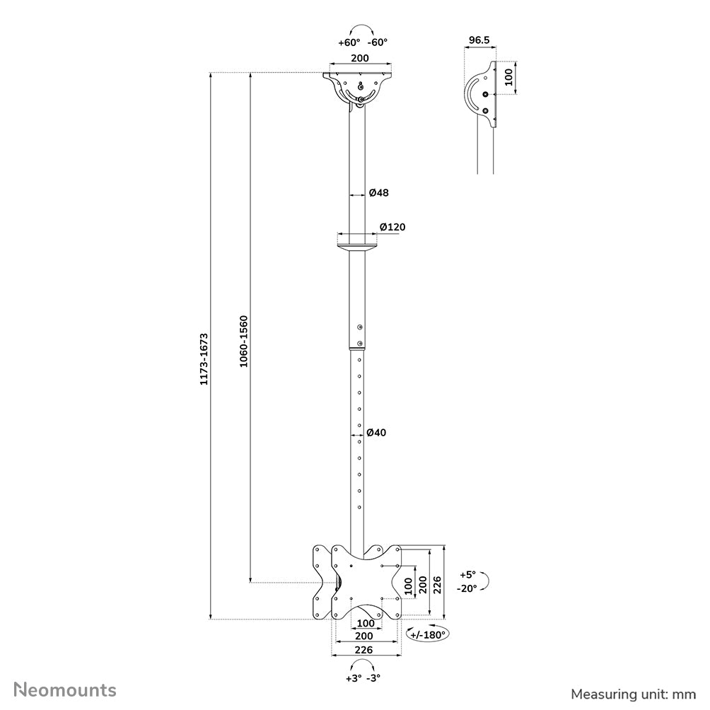 Neomounts CL35-340BL22 – Doppel Monitor-/TV-Deckenhalterung 23–42", VESA 100 × 100 mm / 200 × 200 mm · H 106–156 cm