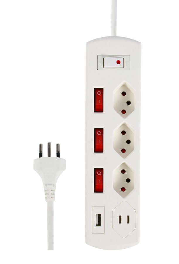 M. Schönenberger Schönenberger Fix-Line Steckdosenleiste T13×3 – USB‑C×2, USB‑A×1 – 2 m Kabel