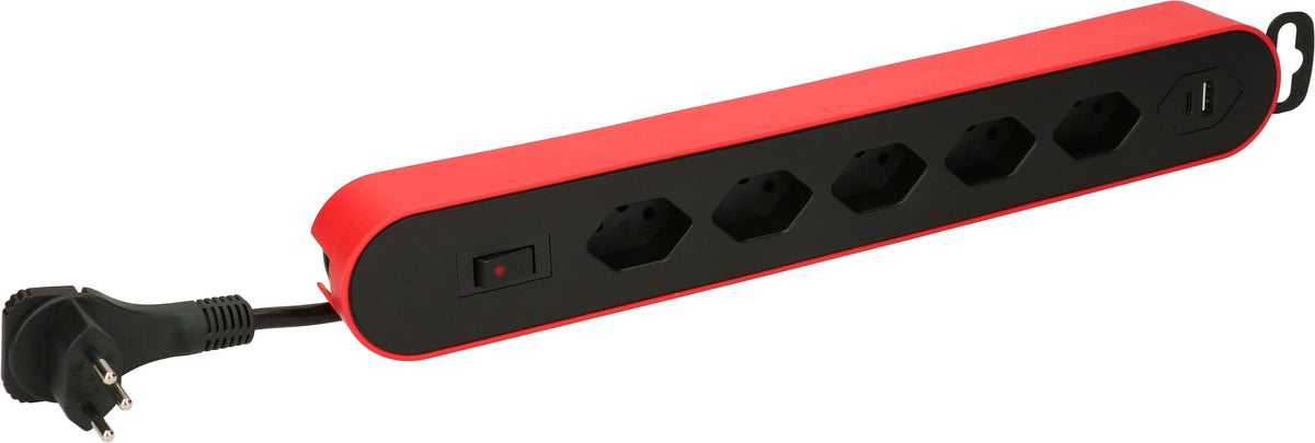 Max Hauri AG Steckdosenleiste, 5×T13, 1×USB-A + 1×USB-C, 17 W gesamt, mit Schalter, 2,2 m – rot/schwarz