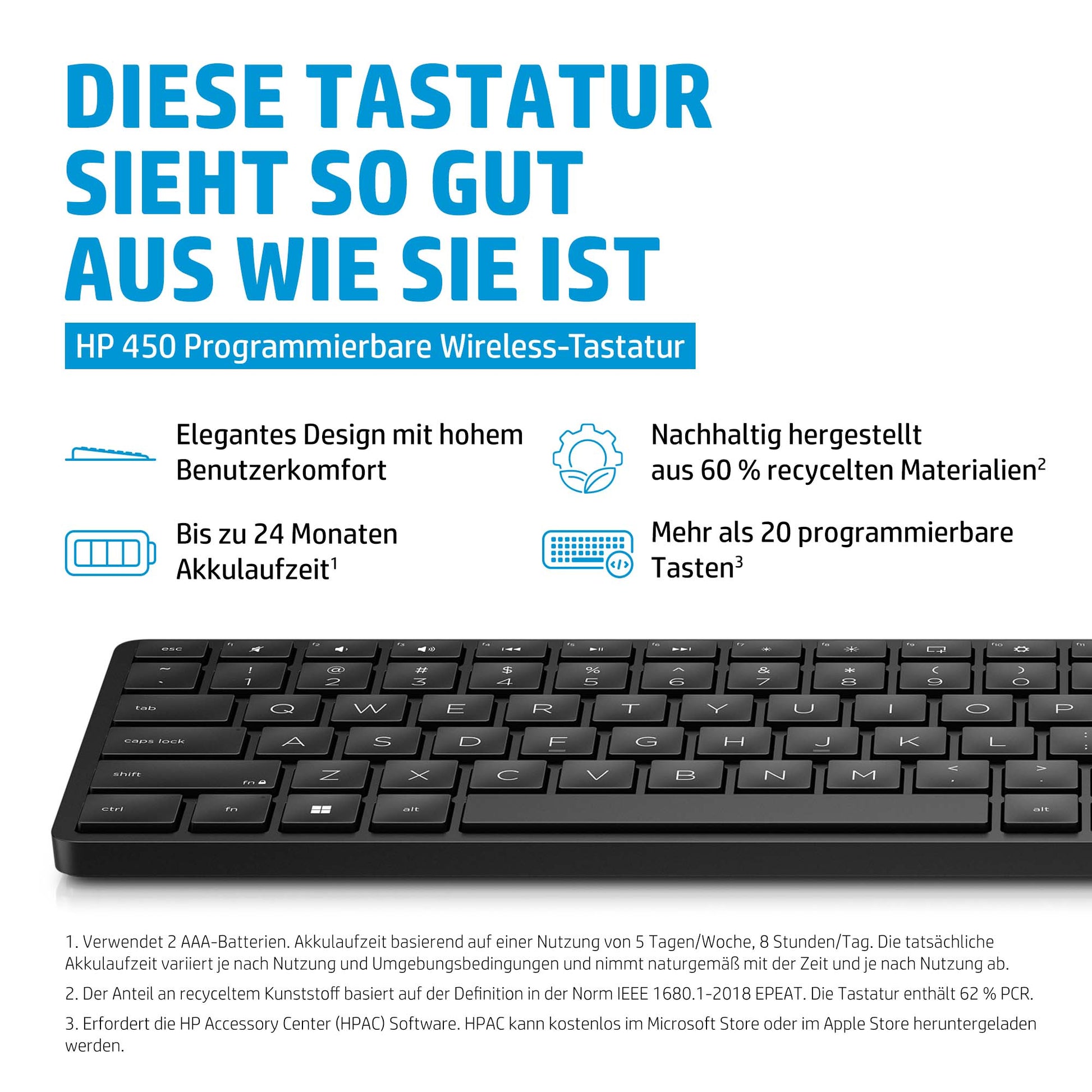 HP 450 – Tastatur – Programmierbar, Verkabelt & 2,4 GHz (USB-A), Schwarz – für PCs mit USB-A-Anschluss