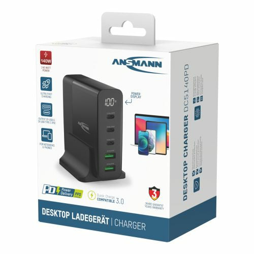 Ansmann DC5140PD Netzteil – 140 W, 1× USB-C + 4× USB-A, GaN