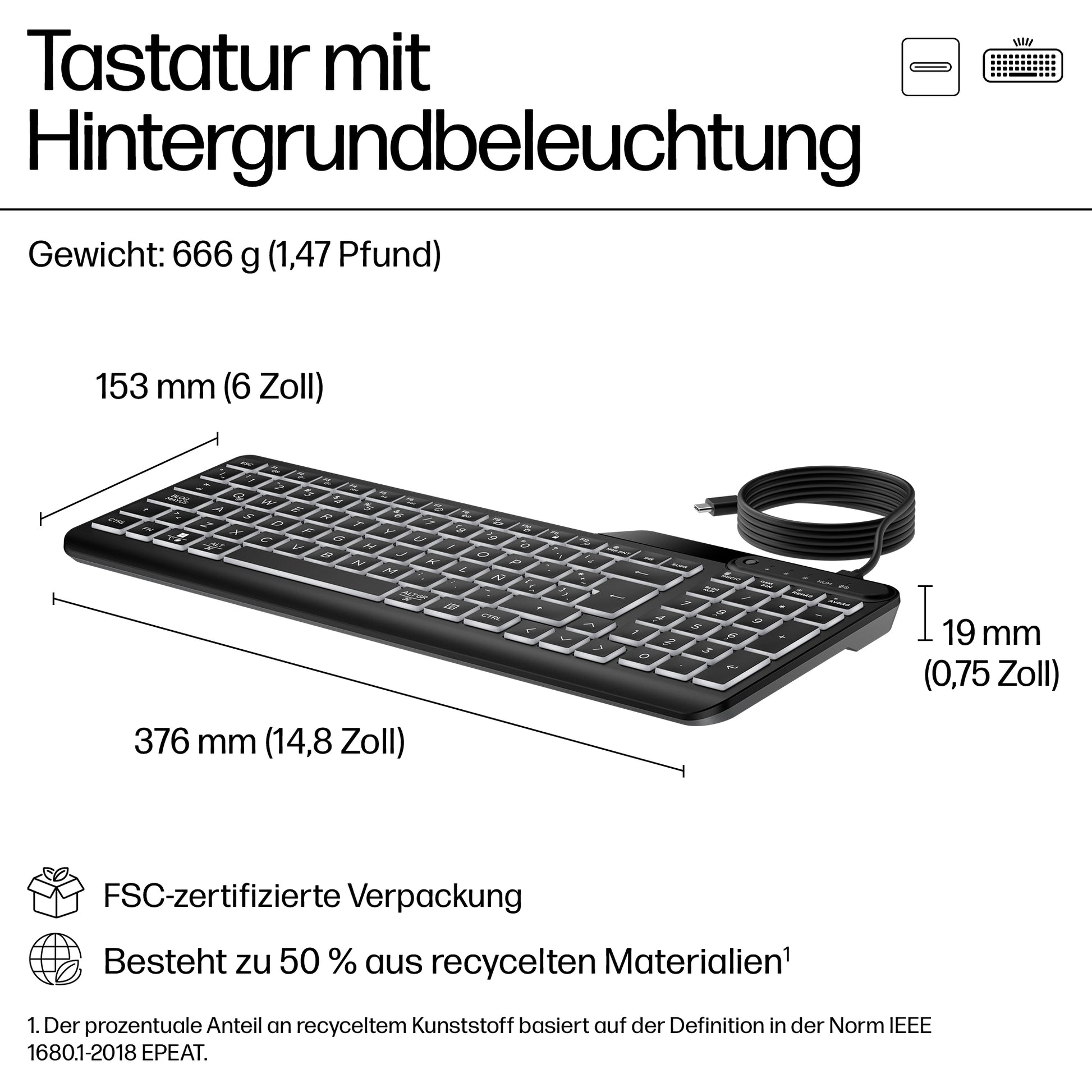 HP 400 – Tastatur, kabelgebunden (USB-A/USB-C), US-Layout (EN) – für Windows, macOS & ChromeOS