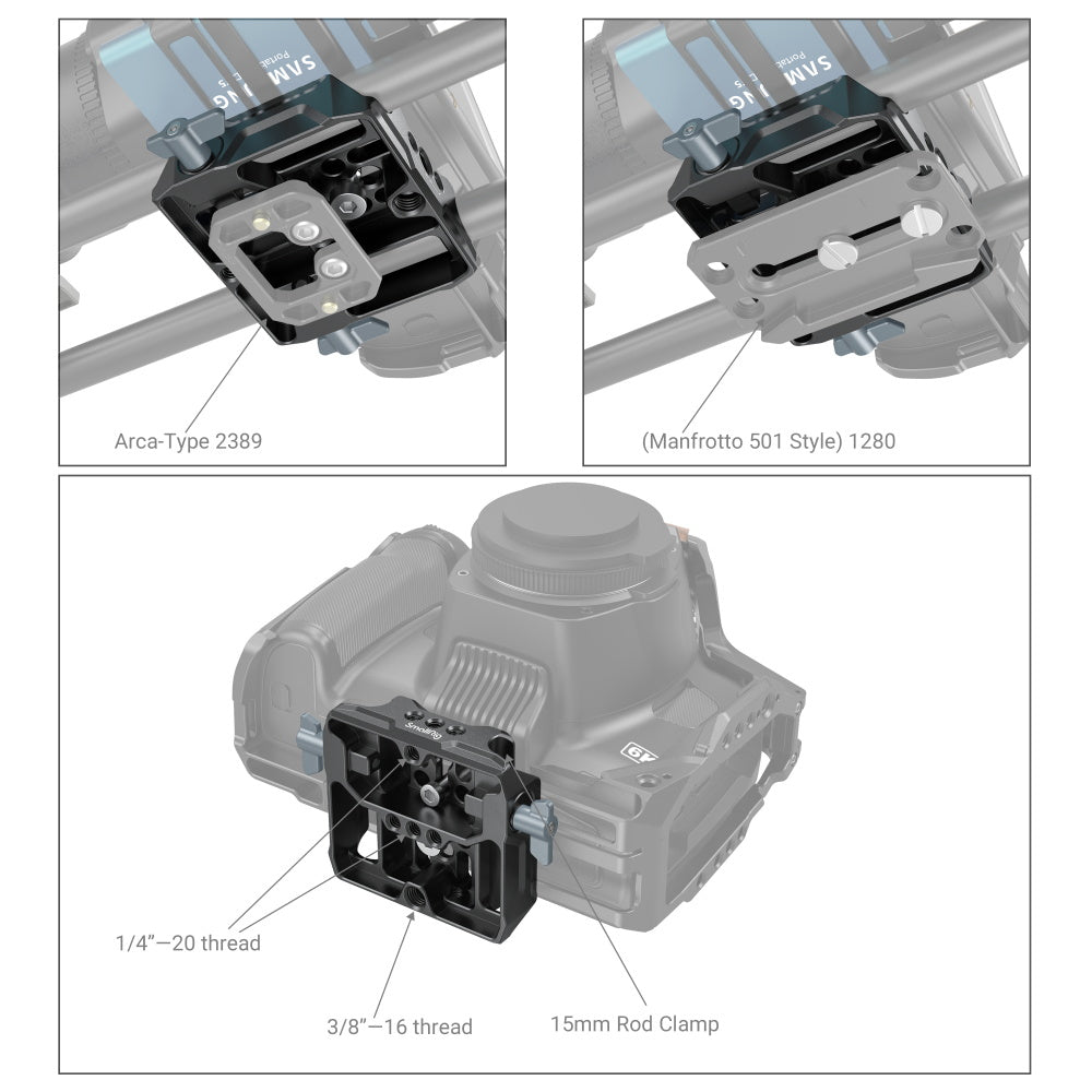 SmallRig 3357 Bottom-Mount-Platte (Universal LWS) – 1/4" & 3/8" Montage, Aluminium – 73 × 108 × 25 mm
